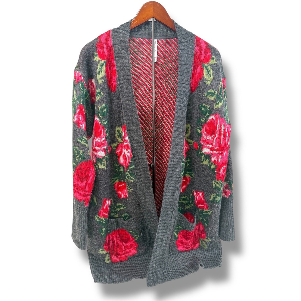 Aeropostale Cardigan Women's Medium Rose Floral Knit Longline Grey Red